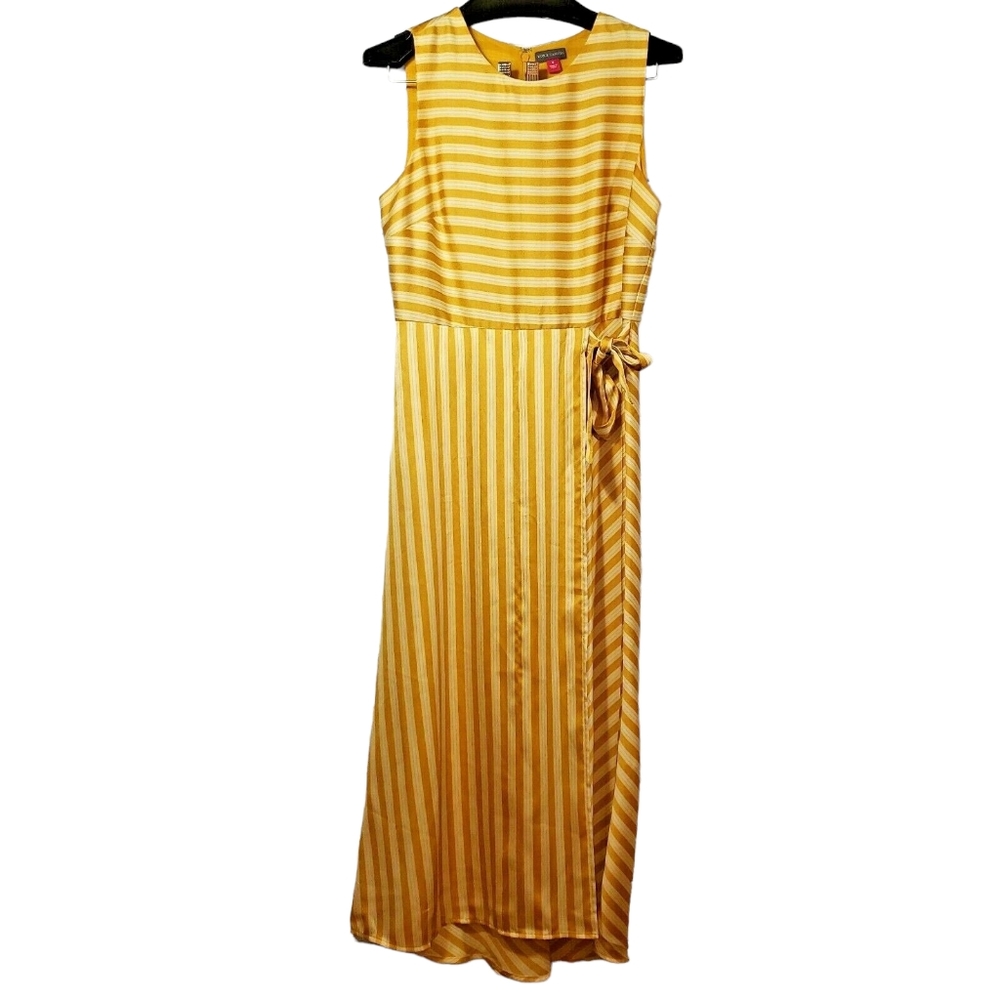Vince Camuto Faux Wrap Dress Satin Striped Sleeveless Midi Flowy
